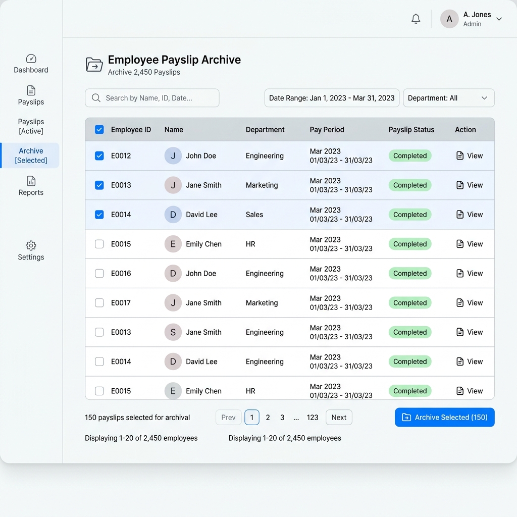 Dashboard showing bulk selection of payslips for archiving