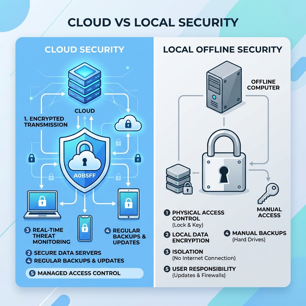 A minimalistic smart UI flat-design image comparing cloud security vs local offline computer security