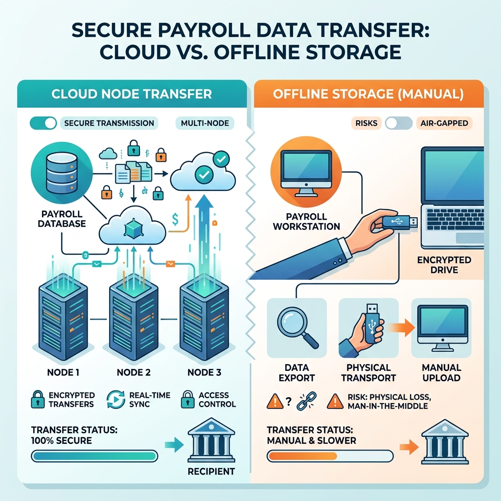 A minimalistic smart UI flat-design showing secure payroll data transfer