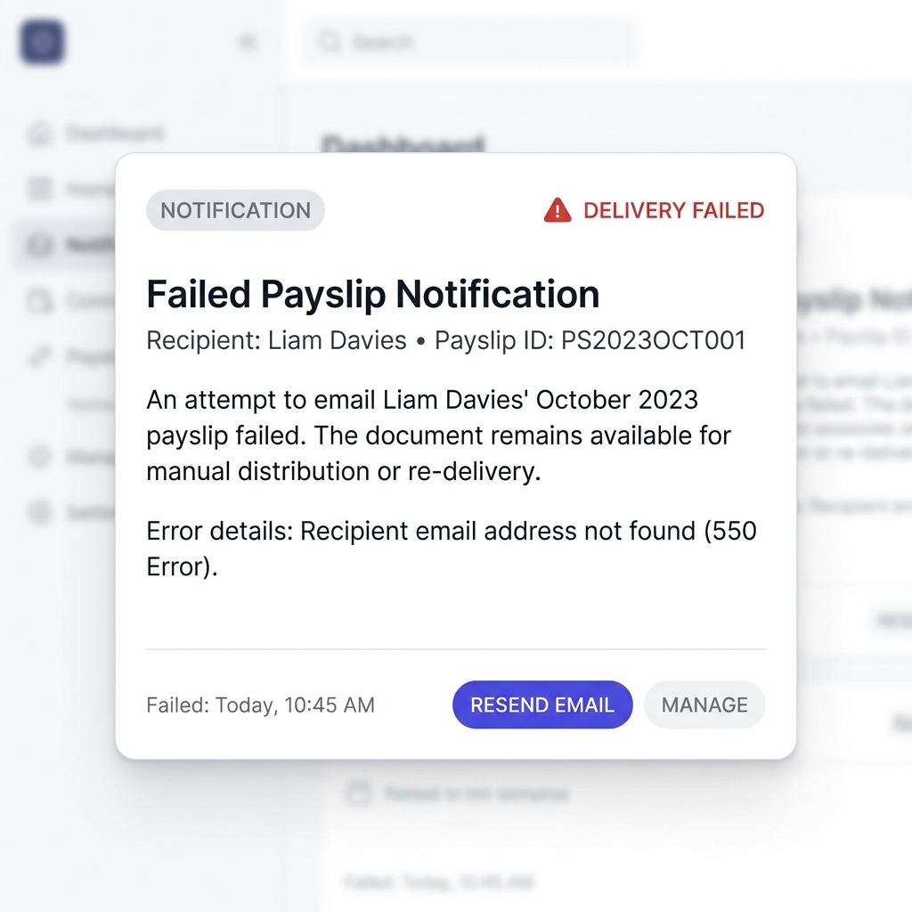 A minimalistic UI dashboard card showing a failed email notification