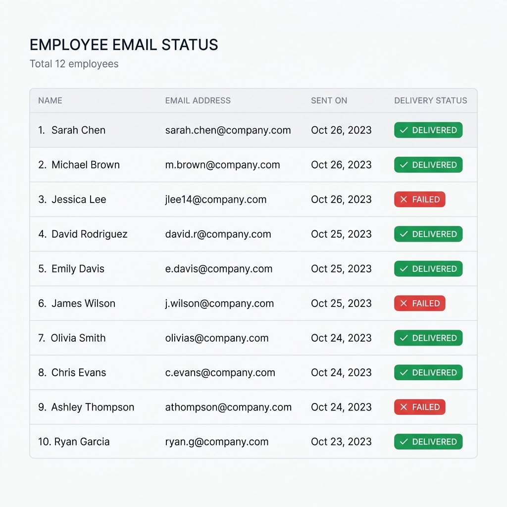 Employee email status dashboard showing delivered and failed badges
