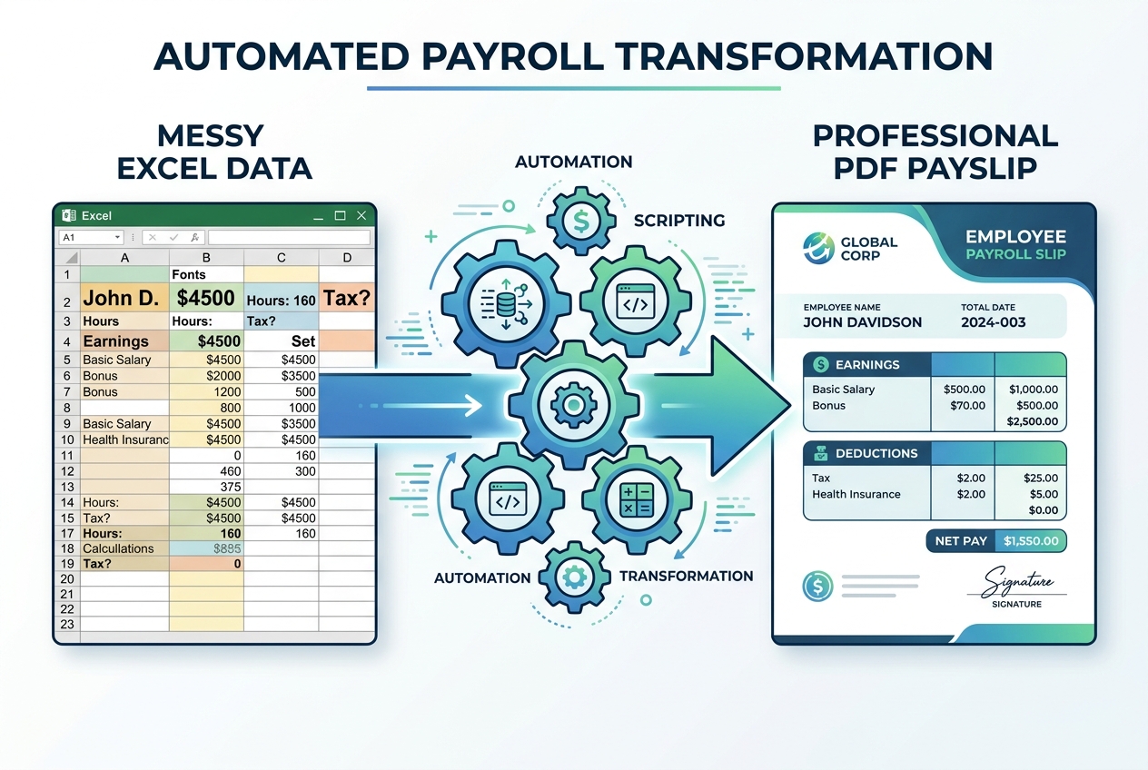 Clean separation between Excel data entry and PayslipGen PDF rendering