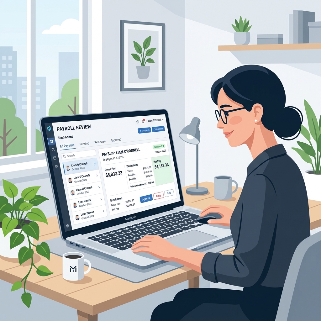 Minimalistic smart UI flat-design illustration of automated document generation for large scale employee payroll with checkmarks