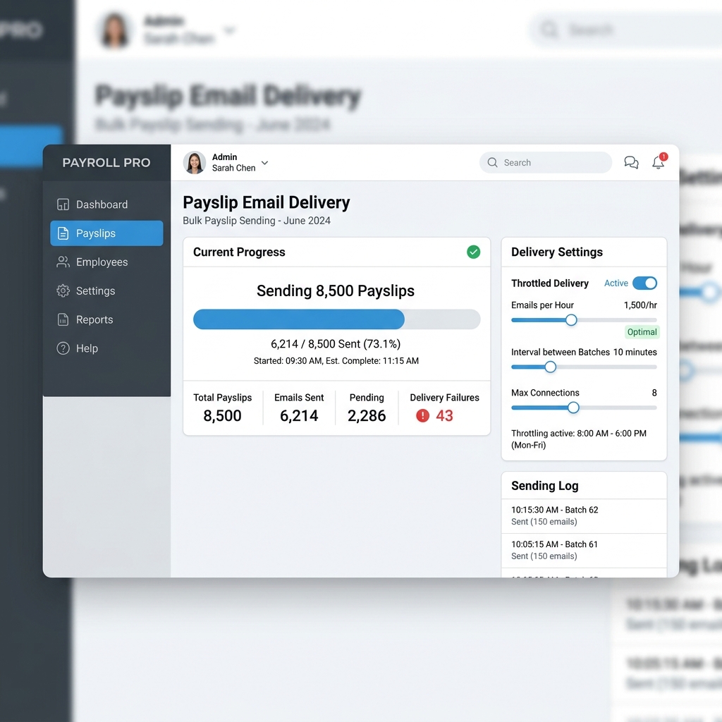 Minimalistic smart UI flat-design dashboard showing email sending progress and throttled delivery settings for bulk payslips