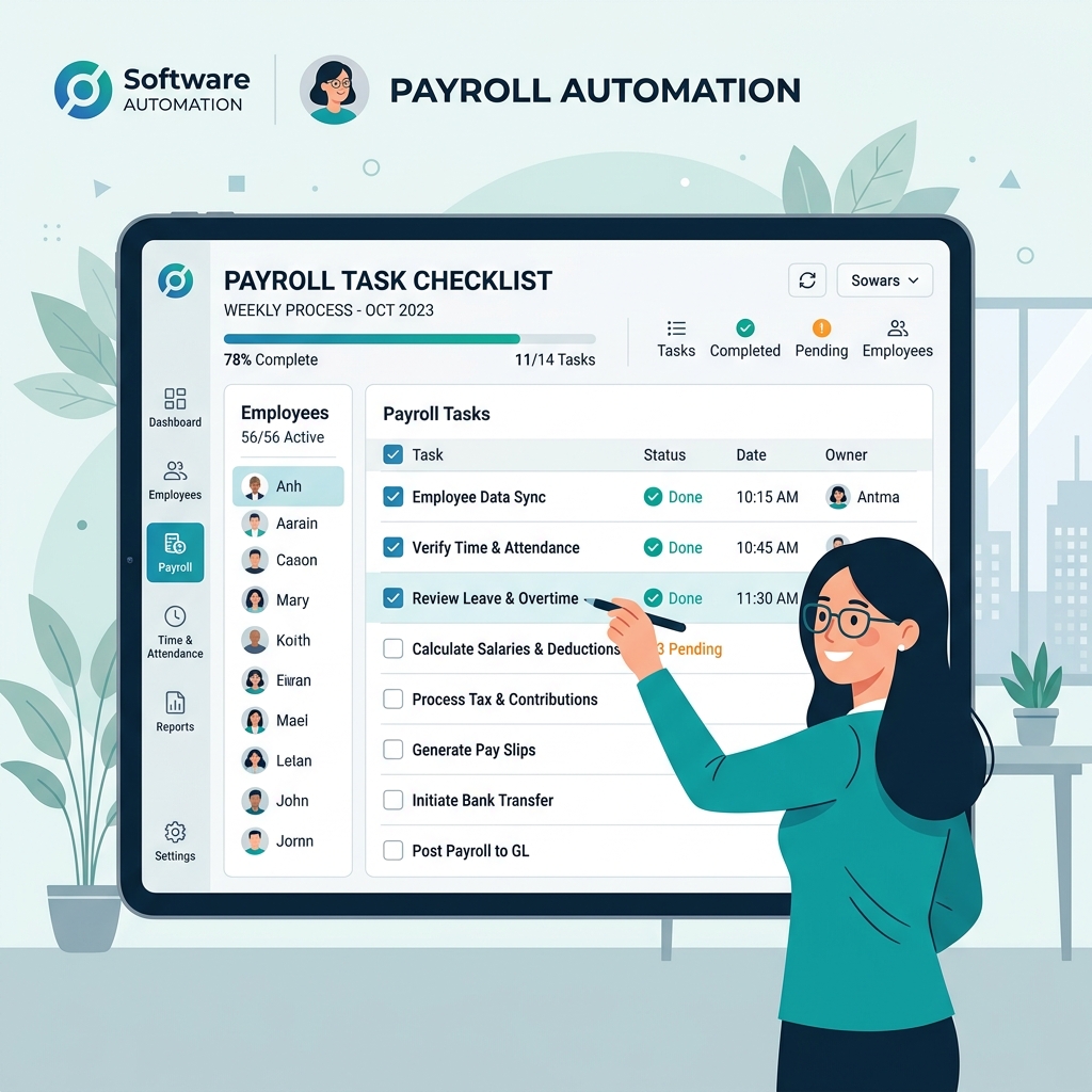 Minimalistic UI flat design illustration showing successful payroll processing confirmation with checklist
