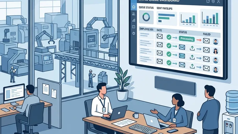 Apex Manufacturing office with email queue dashboard for automated payslip delivery