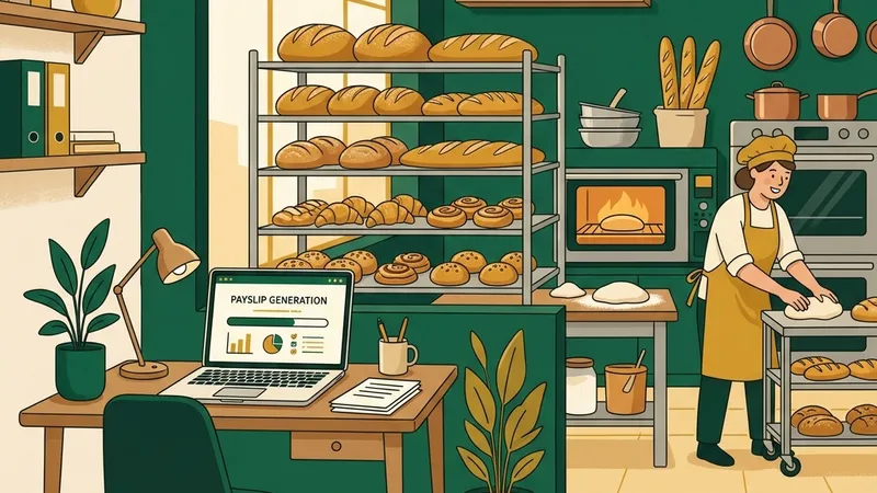Cozy bakery office with laptop automating payslip generation while fresh pastries are visible