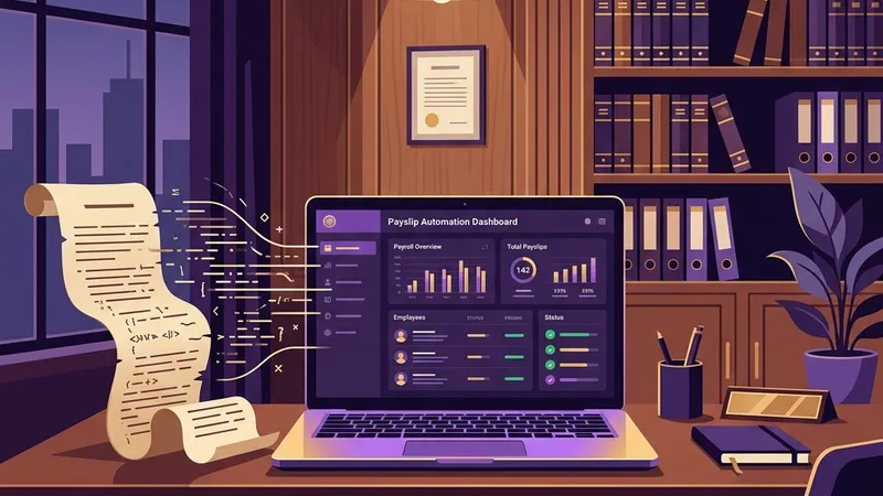 Professional law firm office with laptop replacing old VBA scripts with sleek payslip automation