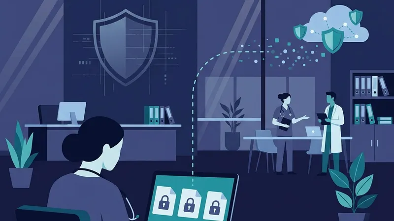 Healthcare staffing agency office with encrypted PDF documents being securely dispatched