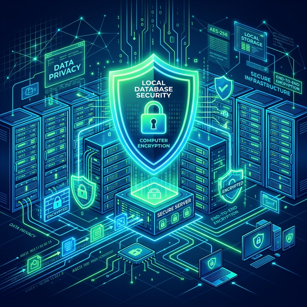 A minimalistic smart UI flat-design image depicting secure offline server infrastructure and uncompromised data sovereignty.