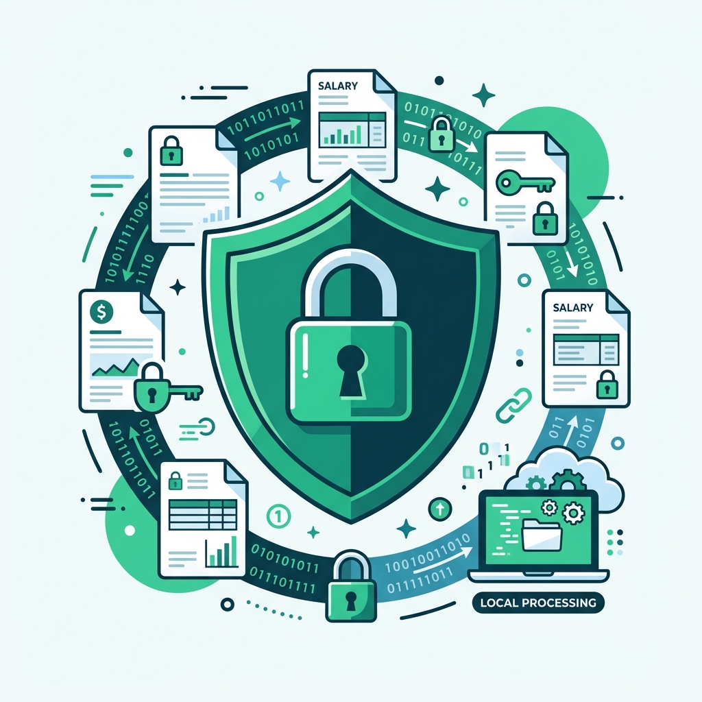 A minimalistic smart UI flat-design illustration of an air-gapped computer securing confidential employee information.