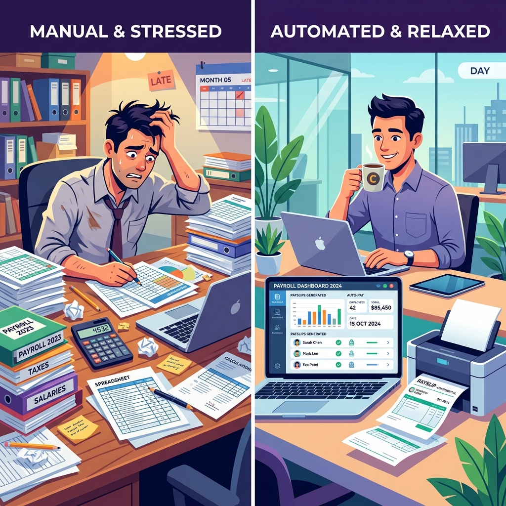 The psychological toll of manual payroll processing vs. the peace of mind of automation.