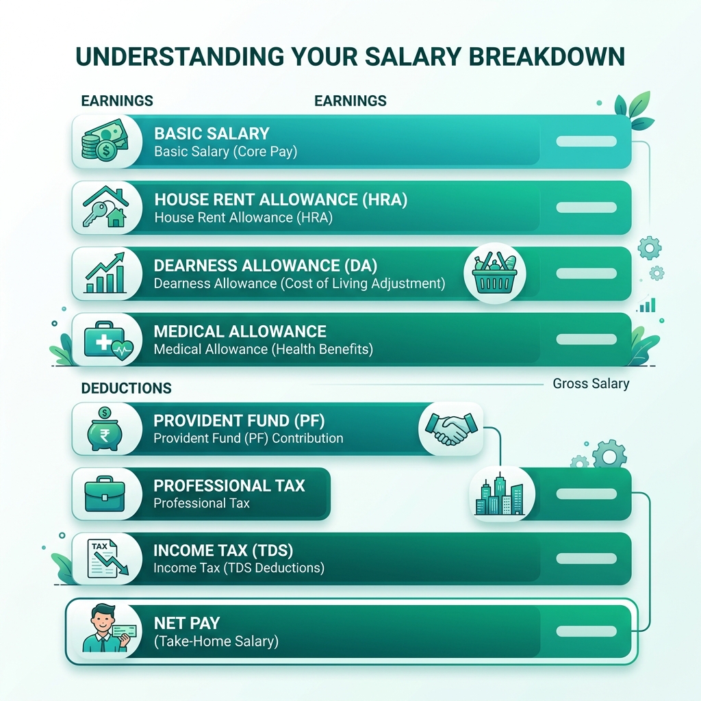 Detailed salary components breakdown displaying base hourly pay, tip credits, pooled gratuities, and meal deductions.