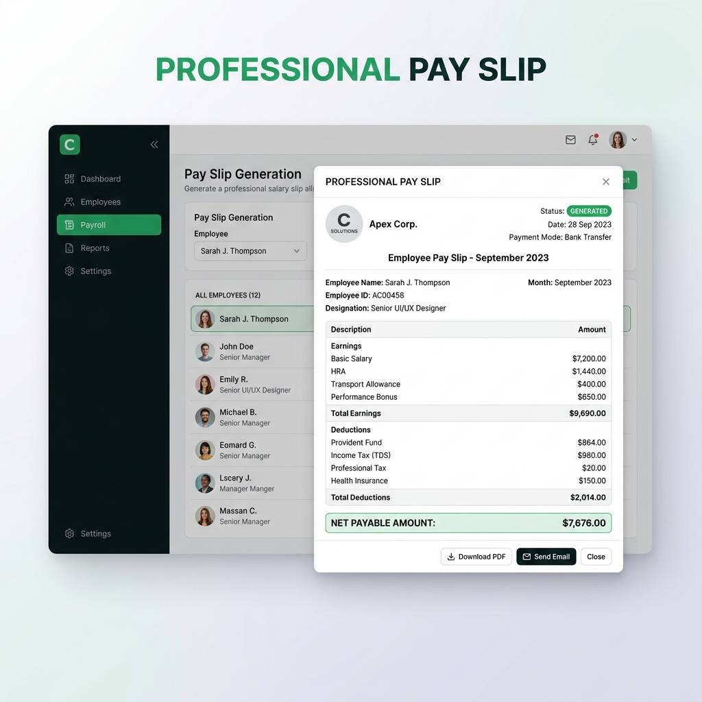PayslipGen salary slip generator — professional salary slip dashboard interface