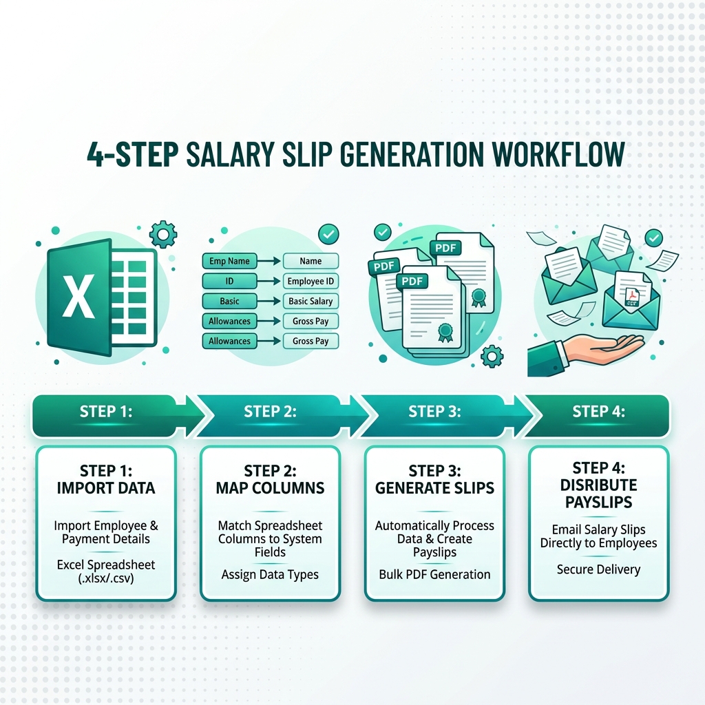 End to end payroll workflow from raw spreadsheet to parsed data, PDF rendering, and SMTP dispatch.