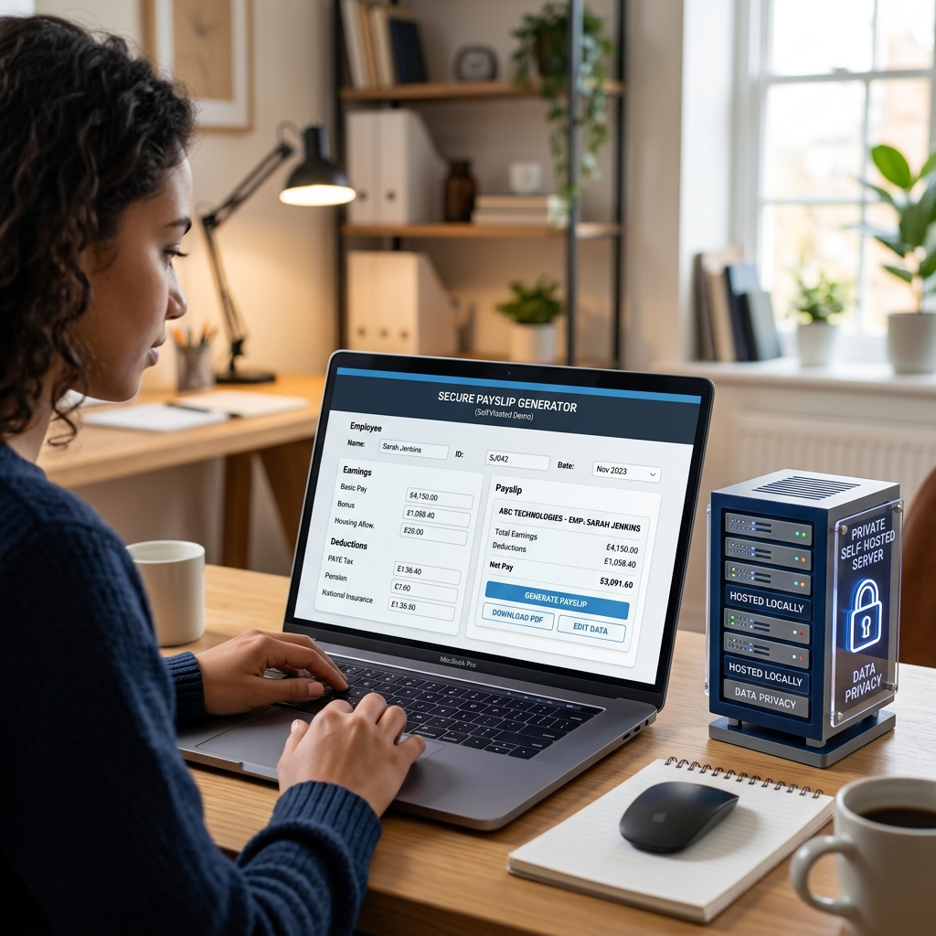 A person using a laptop with an interactive web demo of a payslip generator on the screen, next to a 3d conceptual private self-hosted server icon.