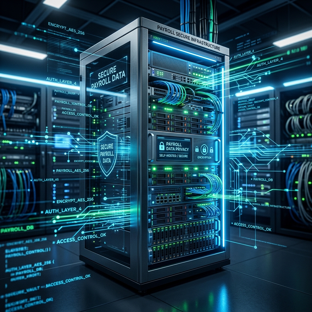 A modern, highly secure server infrastructure representing self-hosted data privacy for payroll.