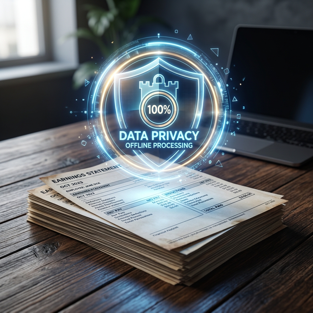A glowing digital privacy shield hovering over a stack of printed paystubs, representing 100% data privacy and offline data processing.