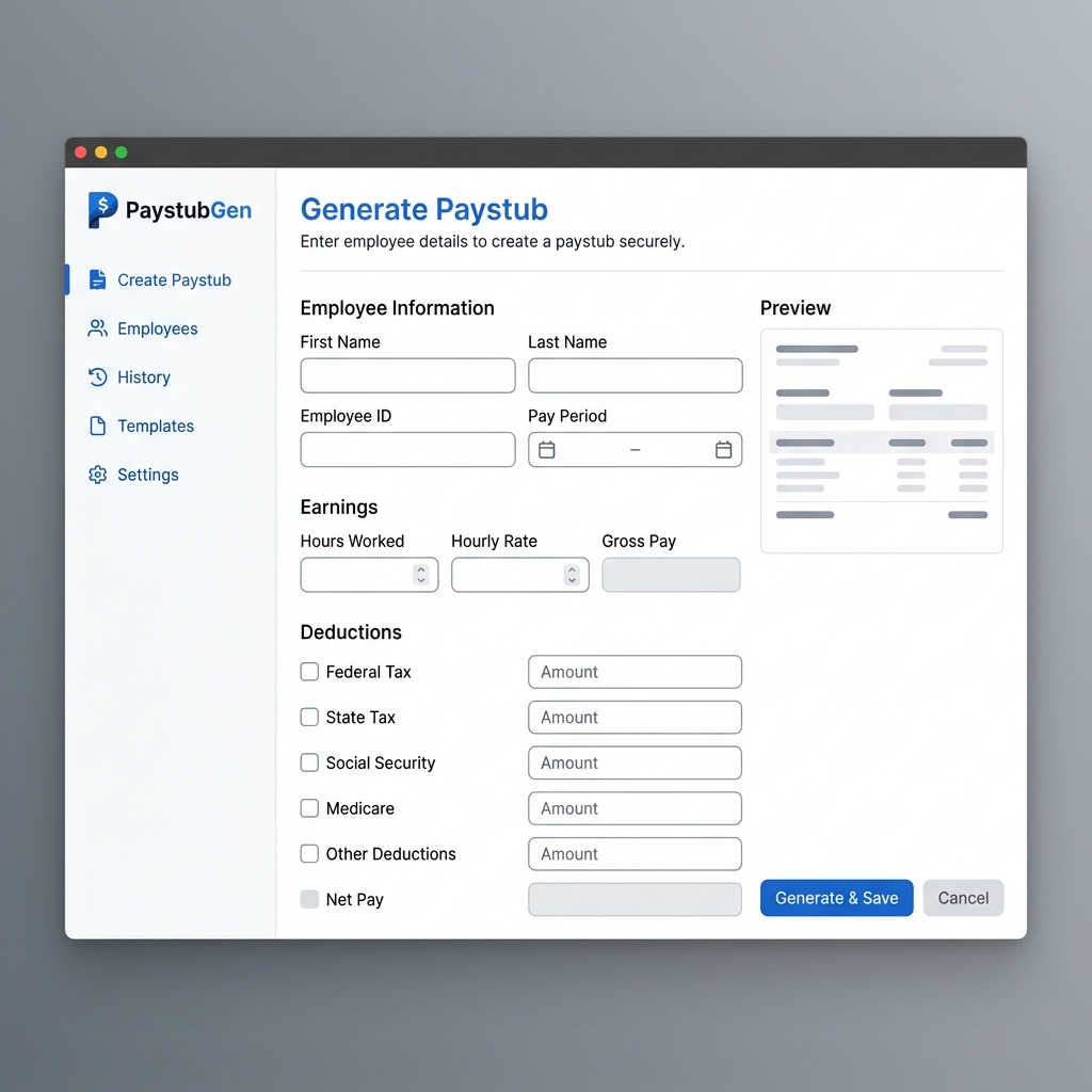 A minimalist offline desktop application UI for generating paystubs securely without internet.
