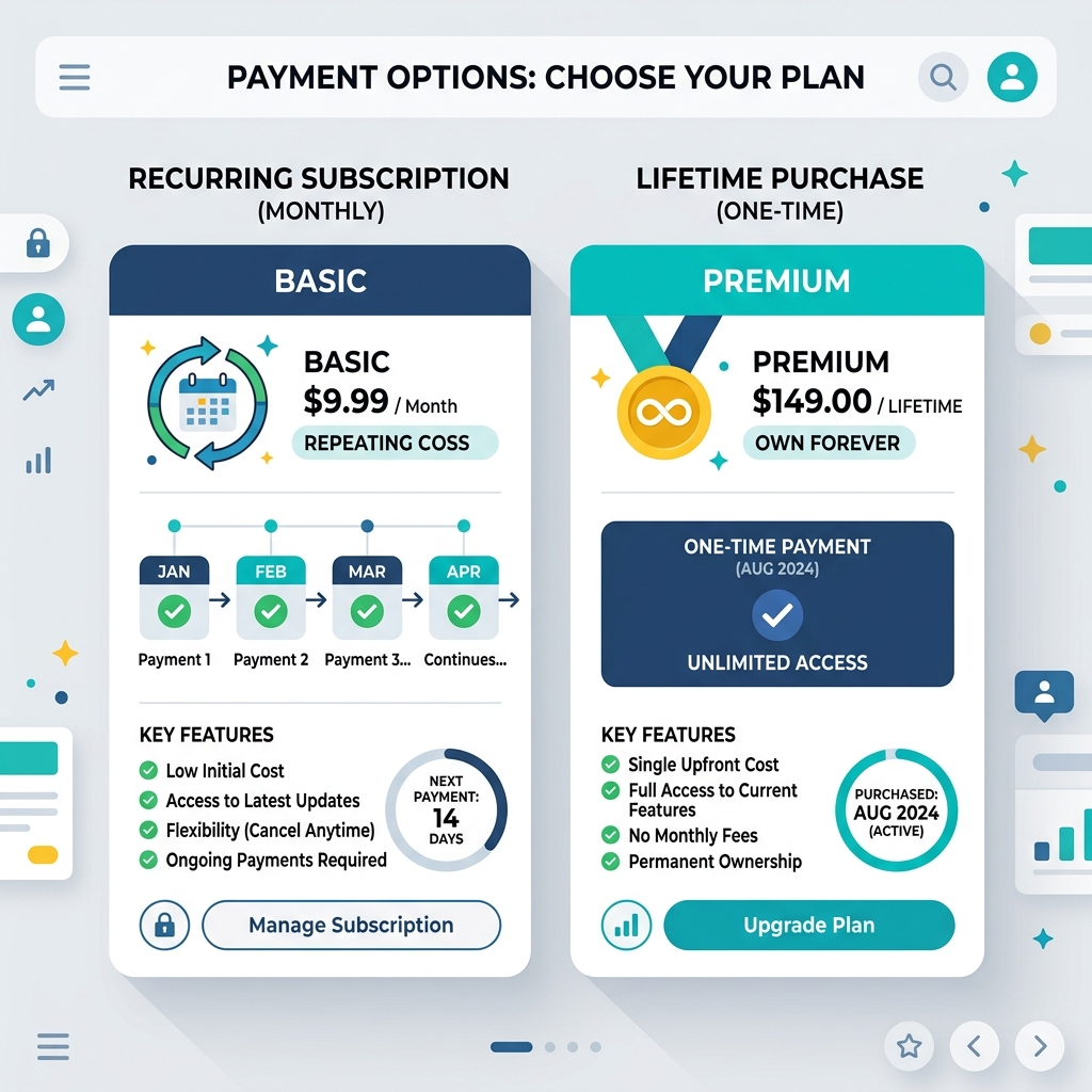 A minimalistic smart UI flat-design illustration showing a comparison between a recurring subscription billing cycle and a single lifetime purchase.