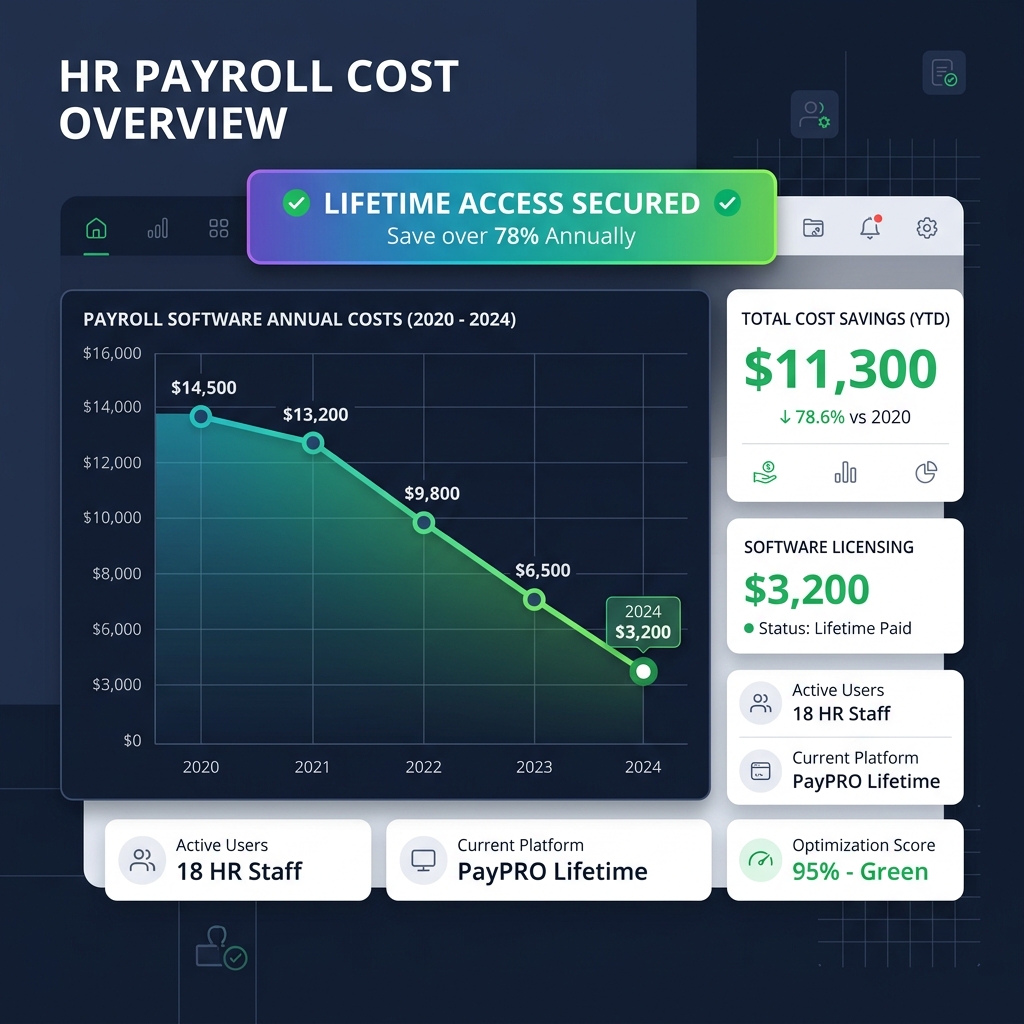 Minimalistic smart UI flat-design dashboard showing HR team payroll software costs going down with a lifetime access label.